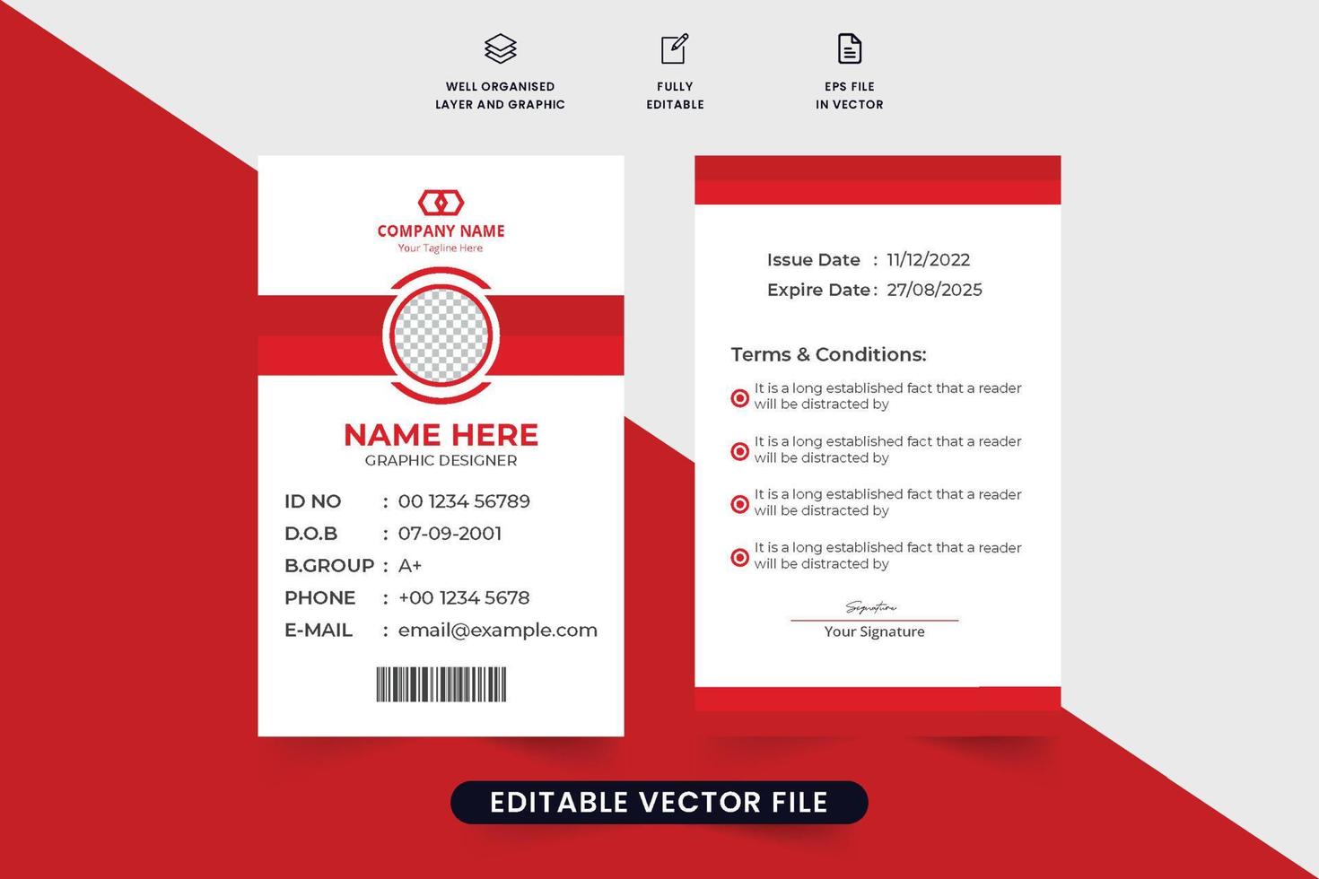 mitarbeiter- und studentenausweisdesign mit fotoplatzhaltern und roten farben. Corporate Business ID-Kartenvektor für Mitarbeiter. Druckfertiger Personalausweis-Vorlagenvektor. vektor