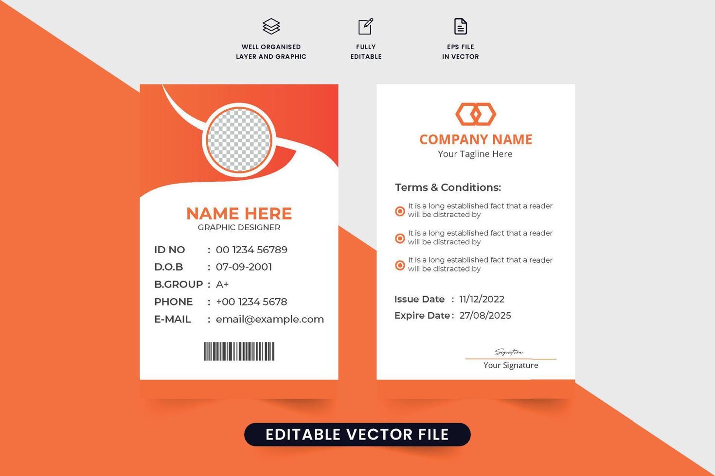 büromaterial und ausweisdesign mit abstrakten formen. Firmenausweis-Vorlagenvektor mit Foto-Platzhalter. Druckfertiges Ausweisdesign für Mitarbeiter oder Studenten mit oranger Farbe. vektor