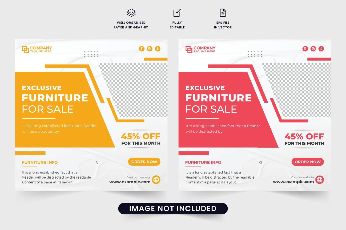 Möbel-Social-Media-Post-Vektor mit Foto-Platzhaltern. modernes möbelverkaufs-webbanner mit roten und gelben farben. spezielles Möbelhaus-Rabatt-Template-Design. Werbung für Haushaltsgeräte. vektor