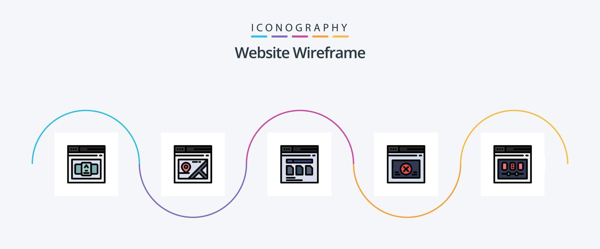 Website-Drahtmodelllinie gefülltes flaches 5-Icon-Paket einschließlich Browser. Netz. Seite. sicher. Datei vektor