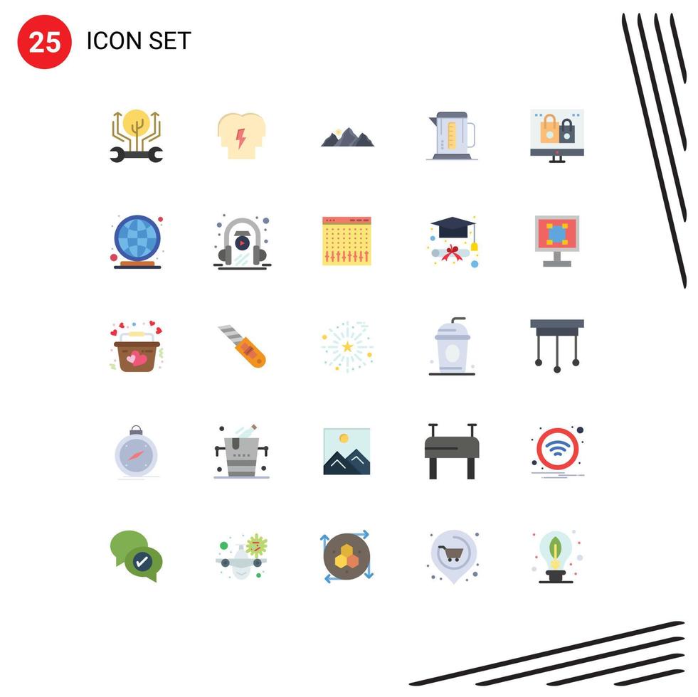25 flache Farbpakete für die Benutzeroberfläche mit modernen Zeichen und Symbolen von bearbeitbaren Vektordesign-Elementen für Hotelkaffee-Mind-Boiler-Berge vektor