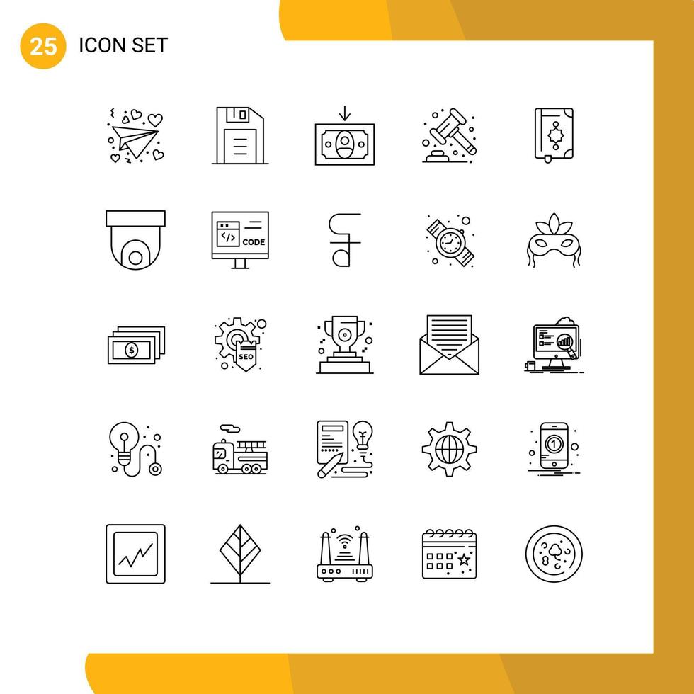 Line Pack mit 25 universellen Symbolen für Lesezeichen Islam Money Book Banking editierbare Vektordesign-Elemente vektor