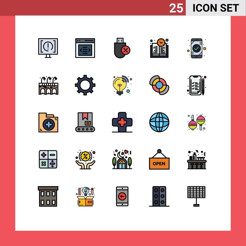 packa av 25 modern fylld linje platt färger tecken och symboler för webb skriva ut media sådan som app utbildning tid användare bok tid tog bort redigerbar vektor design element