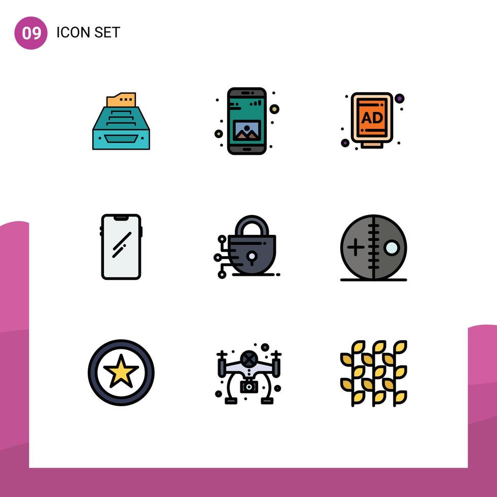 9 universelle Filledline-Flachfarbzeichen Symbole von bearbeitbaren Vektordesign-Elementen für Huawei-Smartphone-Anwendungstelefon-Werbetafeln vektor