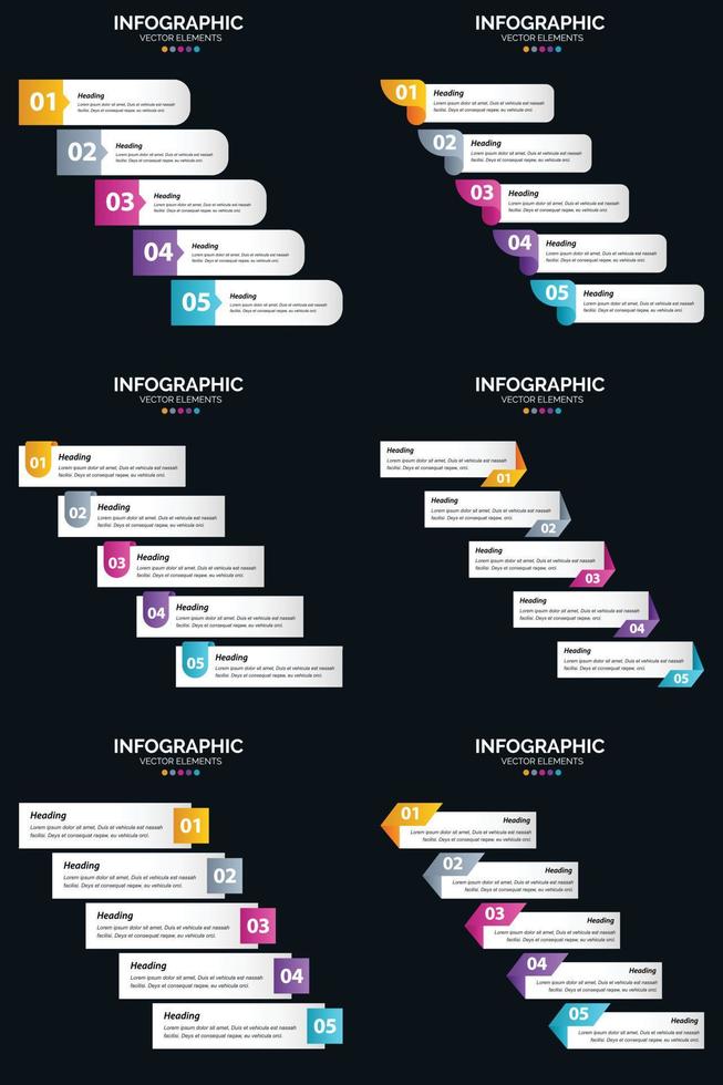 Vektor 6 Infografiken Pack Präsentationsfolie Vorlage 5 Schritte Zyklusdiagramme und Zeitleisten