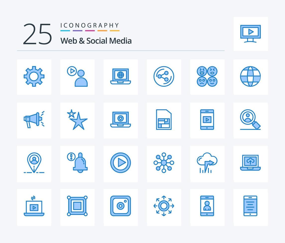 webb och social media 25 blå Färg ikon packa Inklusive värld. Lycklig. värld. emojis. delning vektor