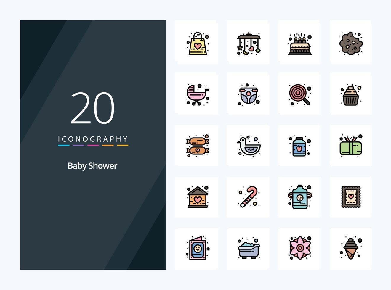 20 gefüllte Symbole für Babyduschen zur Präsentation vektor