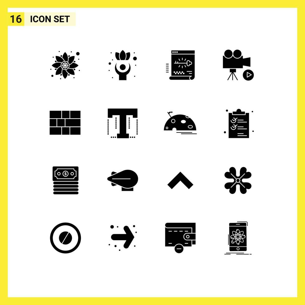 16 thematische Vektor-Solid-Glyphen und editierbare Symbole von Videomedien Schlüsselfilmkennwort editierbare Vektordesign-Elemente vektor