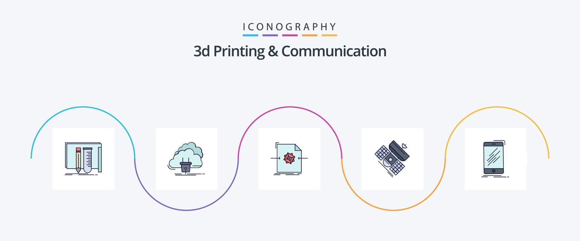 3d utskrift och kommunikation linje fylld platt 5 ikon packa Inklusive kommunikation. utsända. nätverk. bearbetning. fil vektor