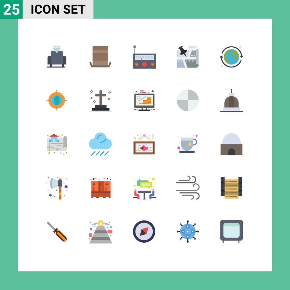 Gruppe von 25 flachen Farbzeichen und Symbolen für Tageskartenausrüstung Pin-Route editierbare Vektordesign-Elemente vektor