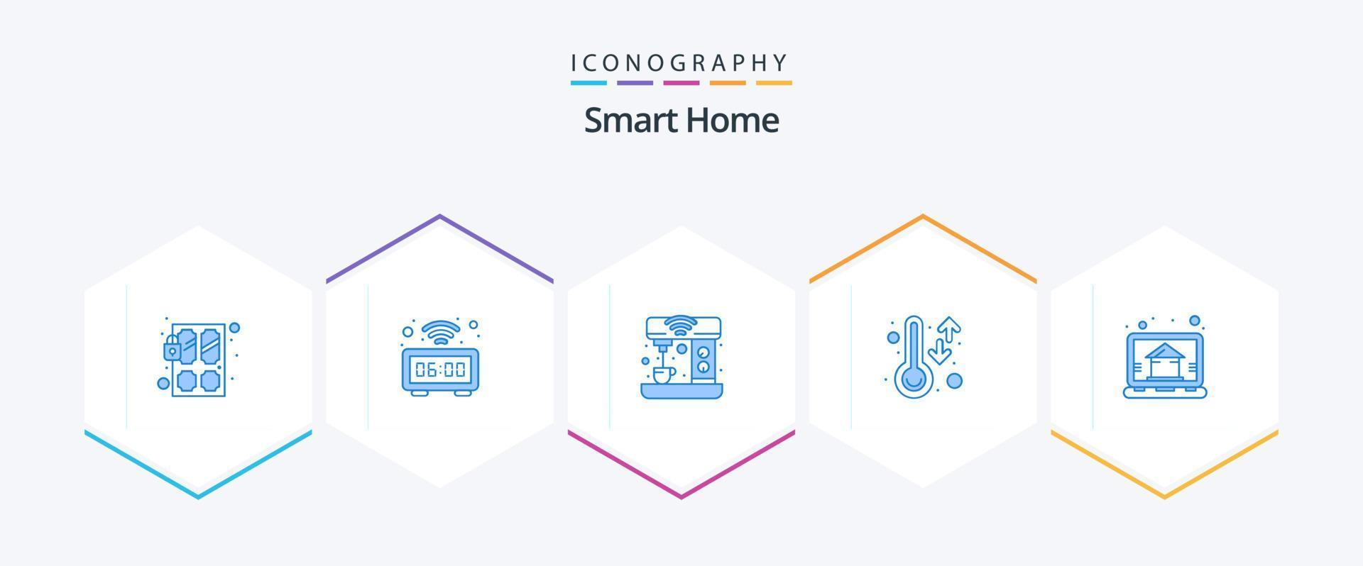 Smart Home 25 Blue Icon Pack inklusive Thermometer. schlau. Zeit. Küche. Getränk vektor