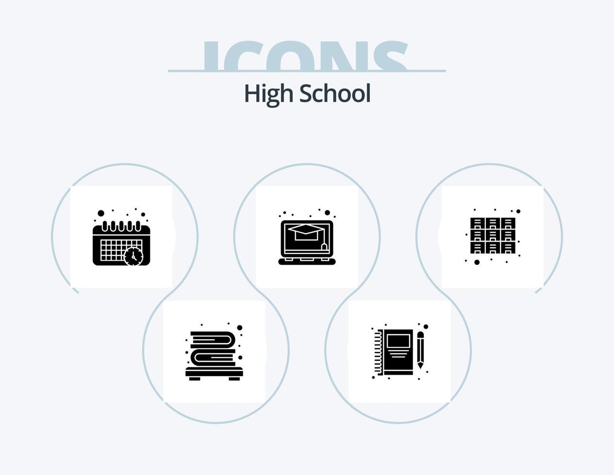 Highschool-Glyphen-Icon-Pack 5-Icon-Design. Dateien. Schublade. Kalender. Kabinett. online vektor