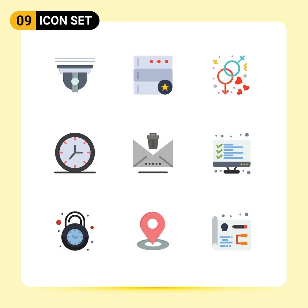 Packung mit 9 modernen flachen Farbzeichen und Symbolen für Web-Printmedien wie Trash-E-Mail-Geschlecht löschen editierbare Vektordesign-Elemente für den Innenraum vektor
