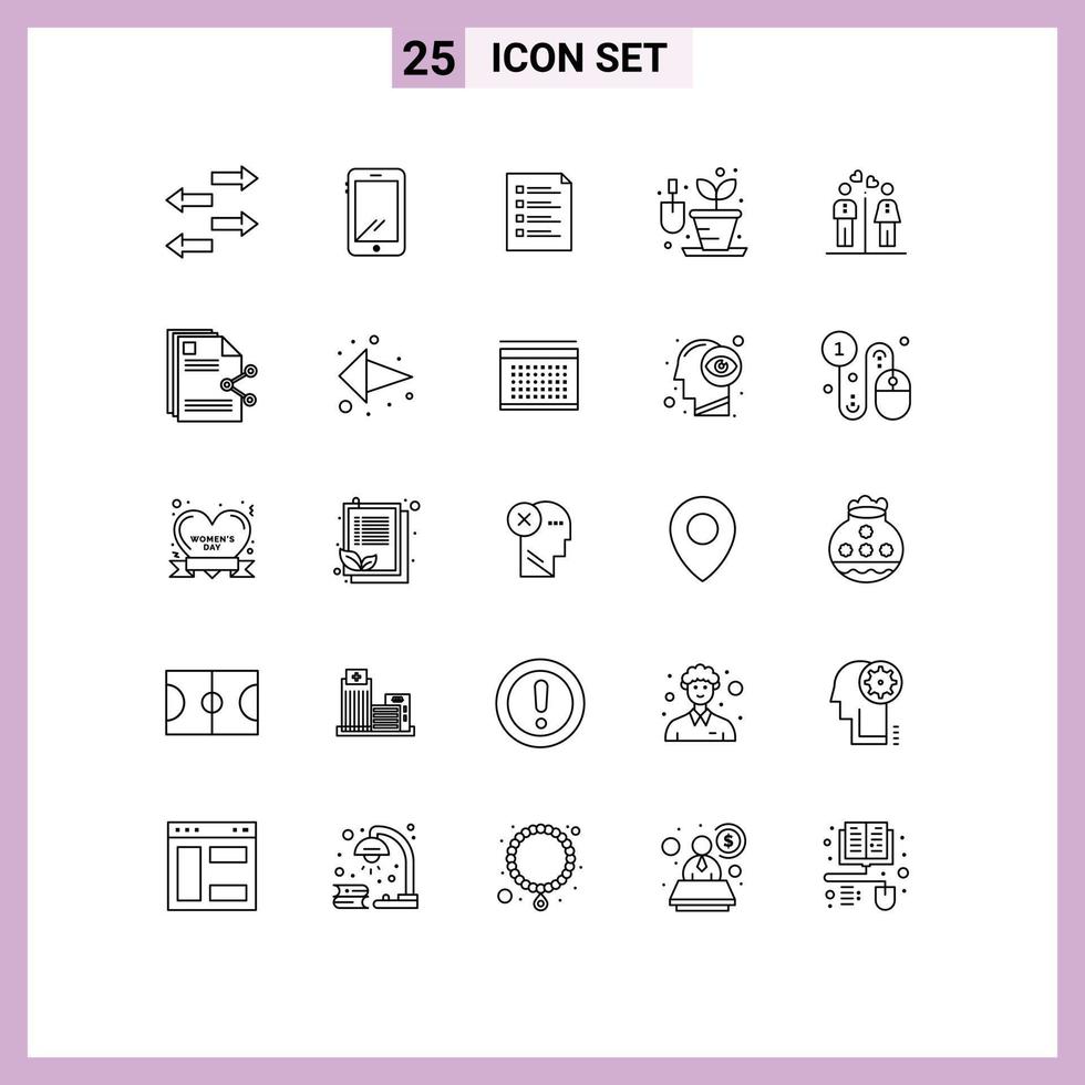 Stock Vector Icon Pack mit 25 Zeilen Zeichen und Symbolen für Hobby-Garten Checkliste Testseite editierbare Vektordesign-Elemente