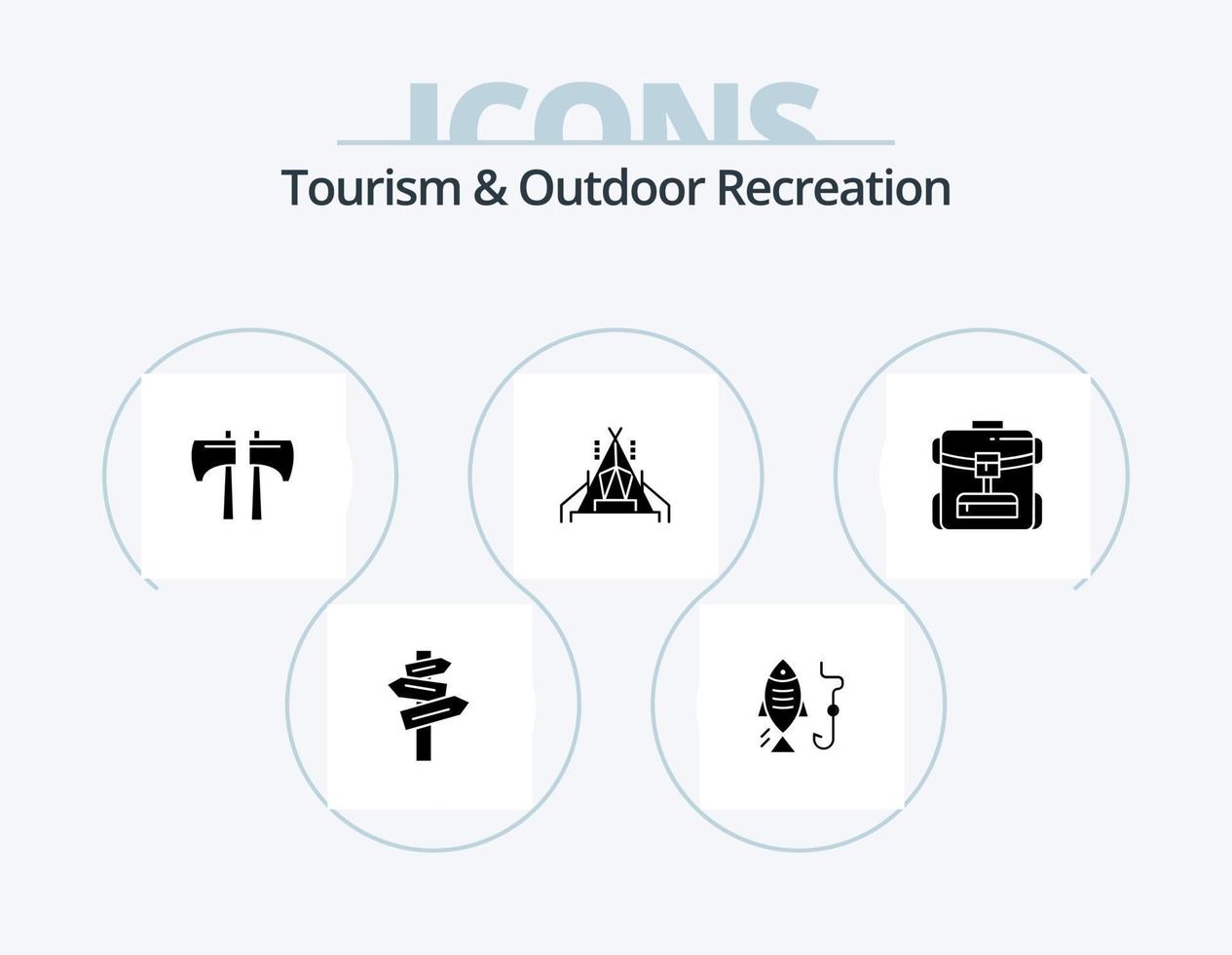 turism och utomhus- rekreation glyf ikon packa 5 ikon design. service. väska . yxa. camping. läger vektor