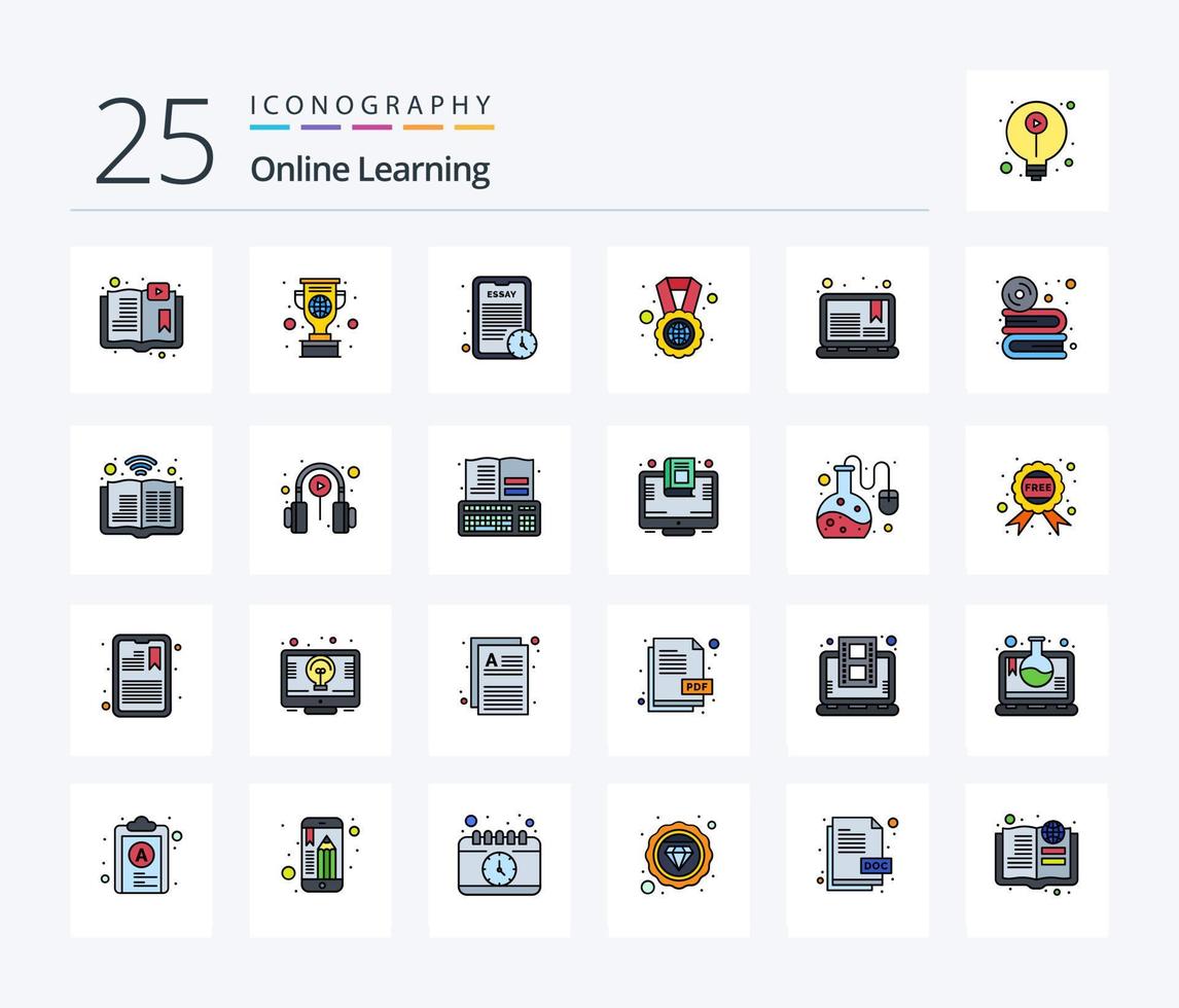 Online-Lernen 25 Zeilen gefülltes Icon Pack inklusive Kurs. Welt. Tasse. im Ausland studieren. Lernzeit vektor