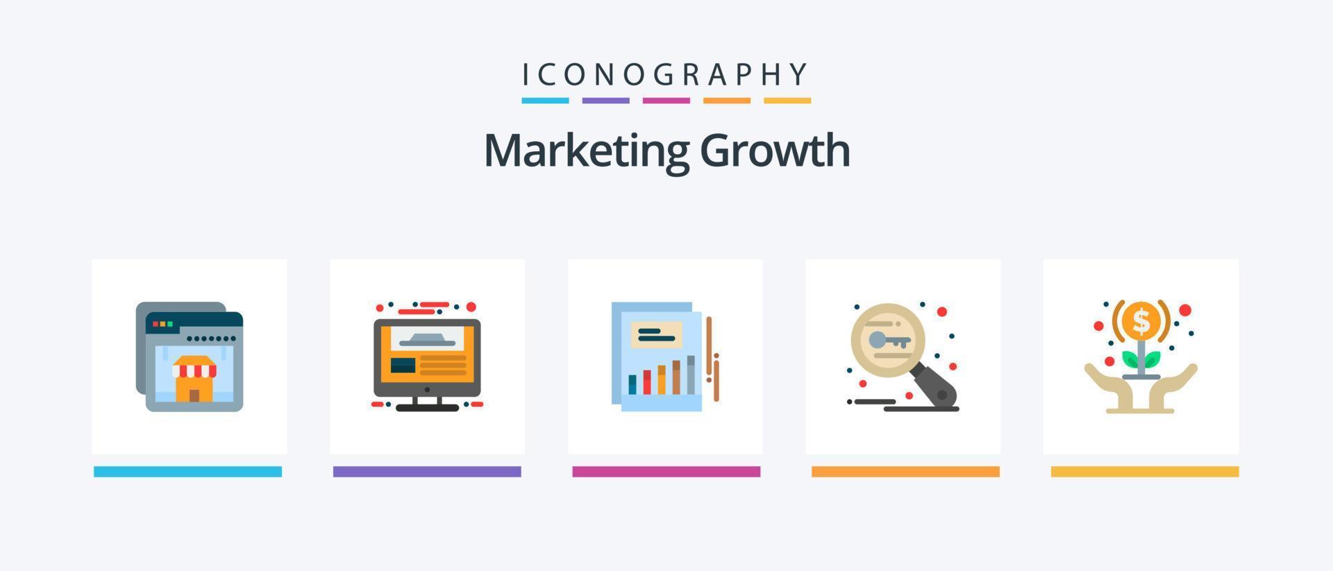 Marketing Growth Flat 5 Icon Pack inklusive Suche. Schlüsselwörter. Bericht. Schlüssel. Einkommen. kreatives Symboldesign vektor