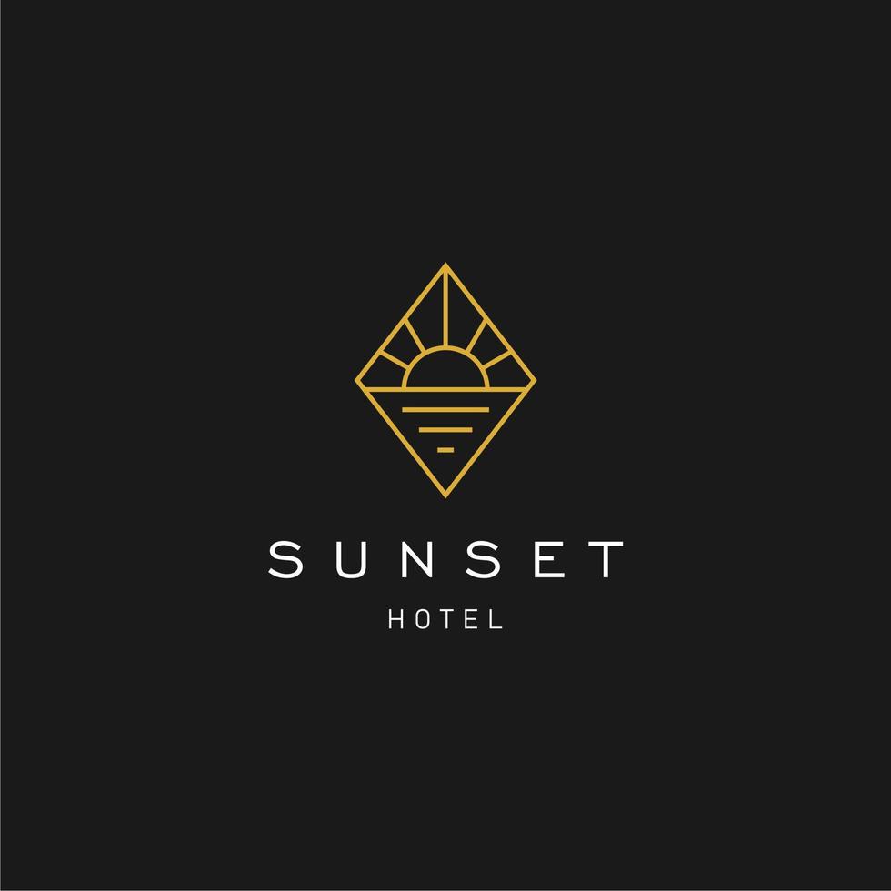 eleganter hipster gold sonne sonnenuntergang sonnenaufgang mit strand ozean meer wasser logo symbol vektor in trendiger linie linear, umriss logo vektor für hotel