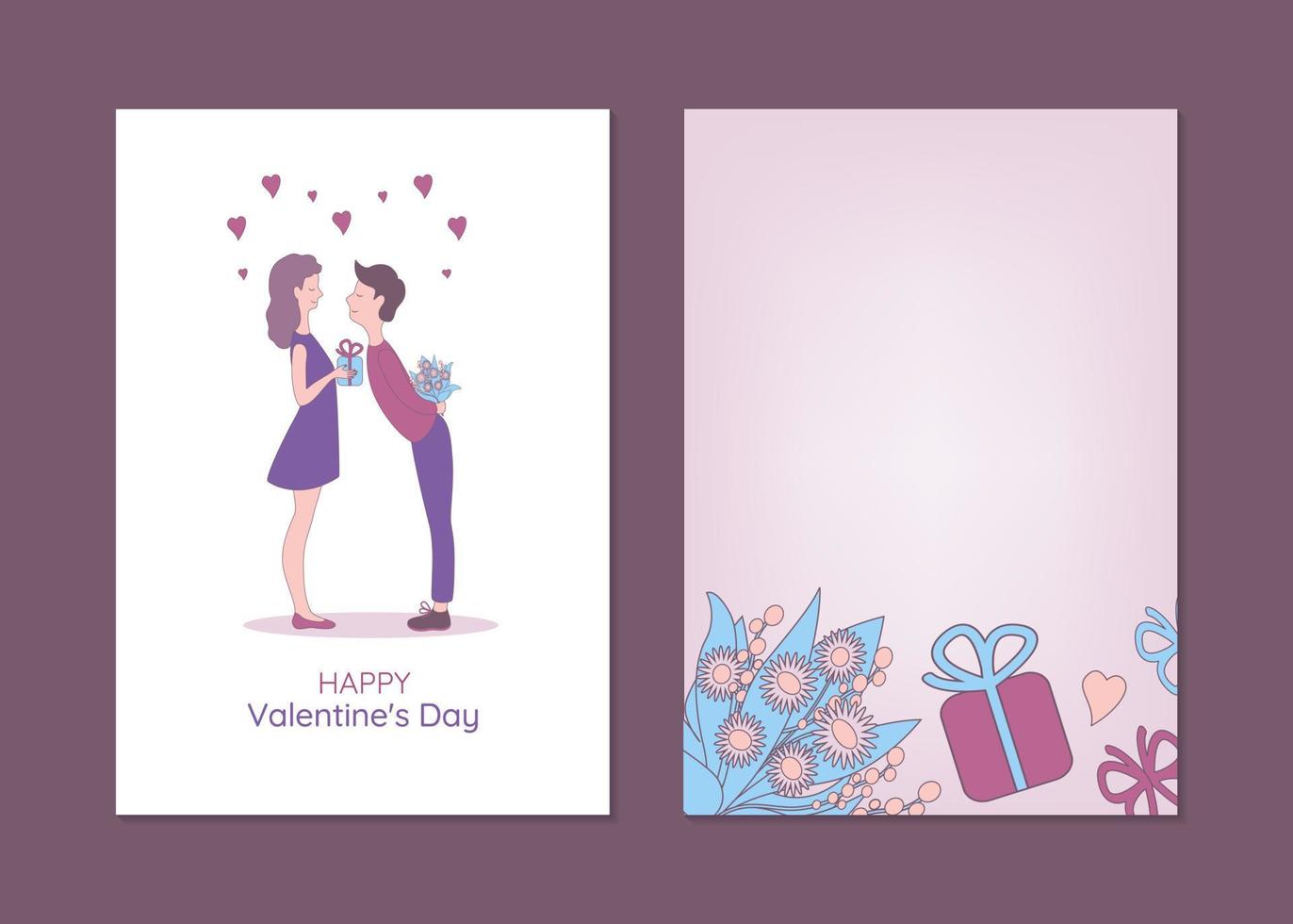 Valentinstag-Grußkartenvorlagen mit Mann und Frau. hand gezeichnete vektorillustration eines paares, das geschenke austauscht. vektor