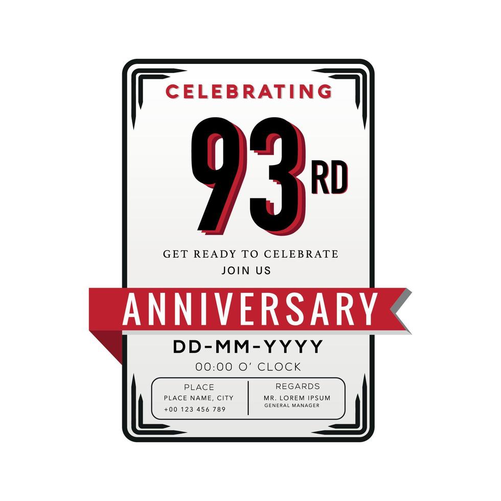 93 år årsdag logotyp firande och inbjudan kort med röd band isolerat på vit bakgrund vektor