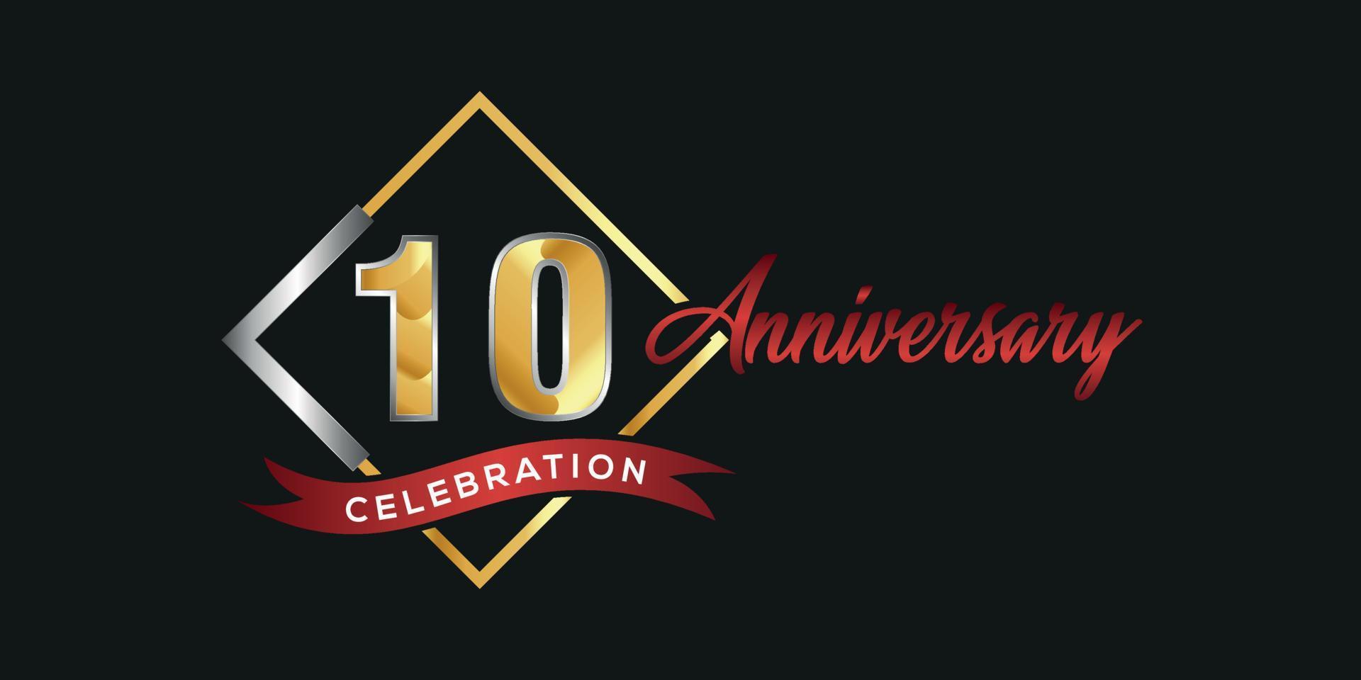 10:e årsdag logotyp med gyllene och silver- låda, konfetti och röd band isolerat på elegant svart bakgrund, vektor design för hälsning kort och inbjudan kort