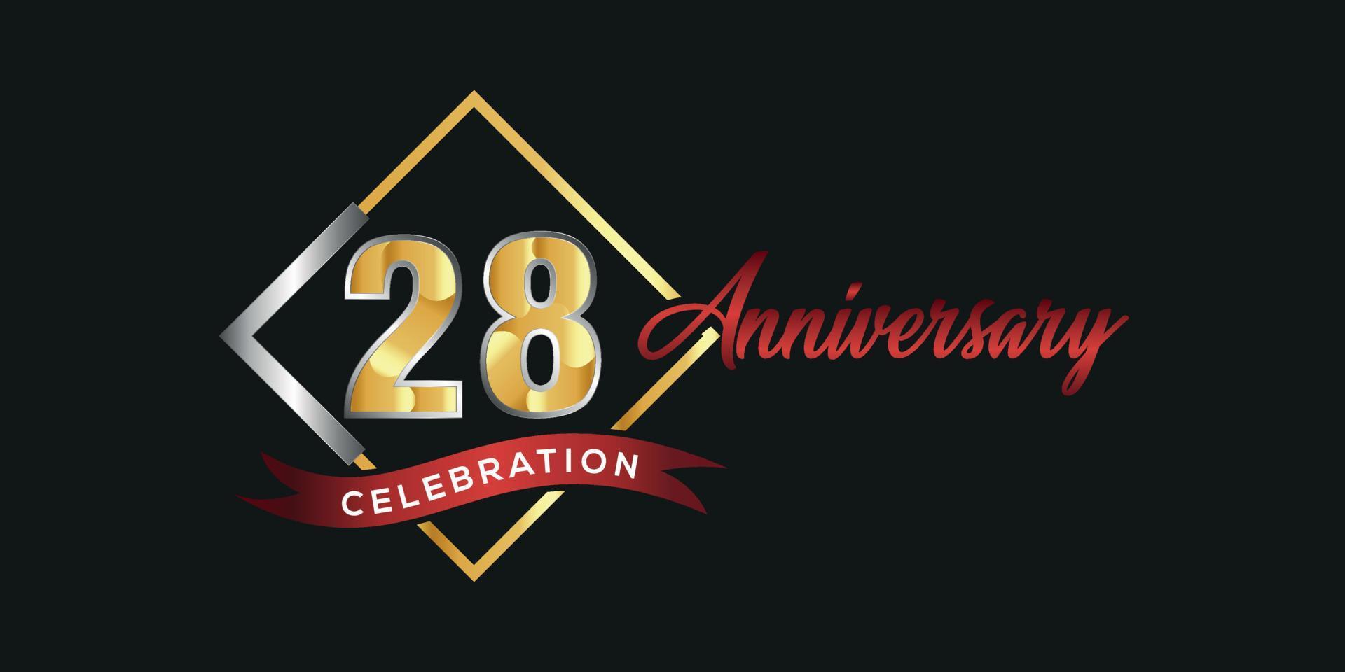 28: e årsdag logotyp med gyllene och silver- låda, konfetti och röd band isolerat på elegant svart bakgrund, vektor design för hälsning kort och inbjudan kort