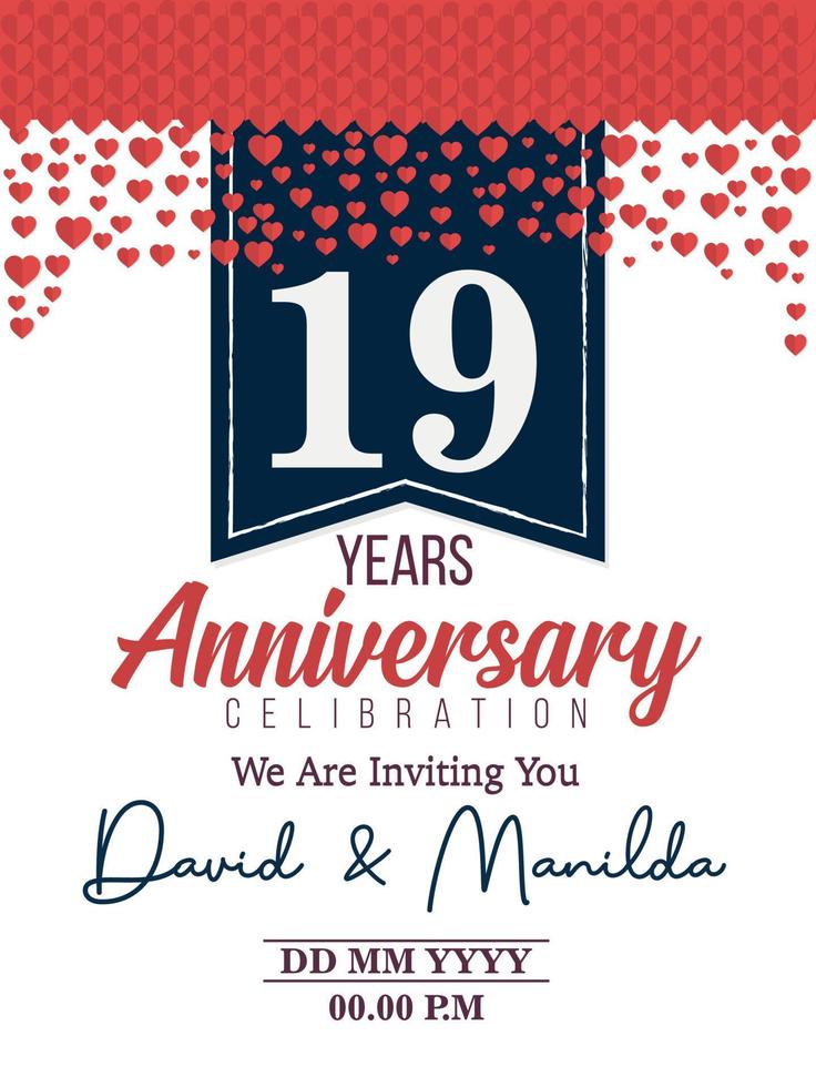 19 Jahre Jubiläumslogofeier mit Liebe zu Feierlichkeiten, Geburtstagen, Hochzeiten, Grußkarten und Einladungen vektor