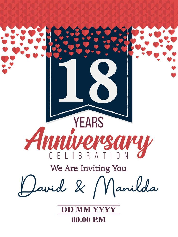 18 Jahre Jubiläumslogofeier mit Liebe zu Feierlichkeiten, Geburtstagen, Hochzeiten, Grußkarten und Einladungen vektor