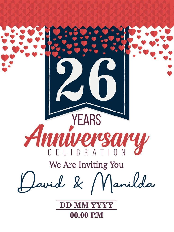 26 Jahre Jubiläumslogofeier mit Liebe zu Feierlichkeiten, Geburtstagen, Hochzeiten, Grußkarten und Einladungen vektor
