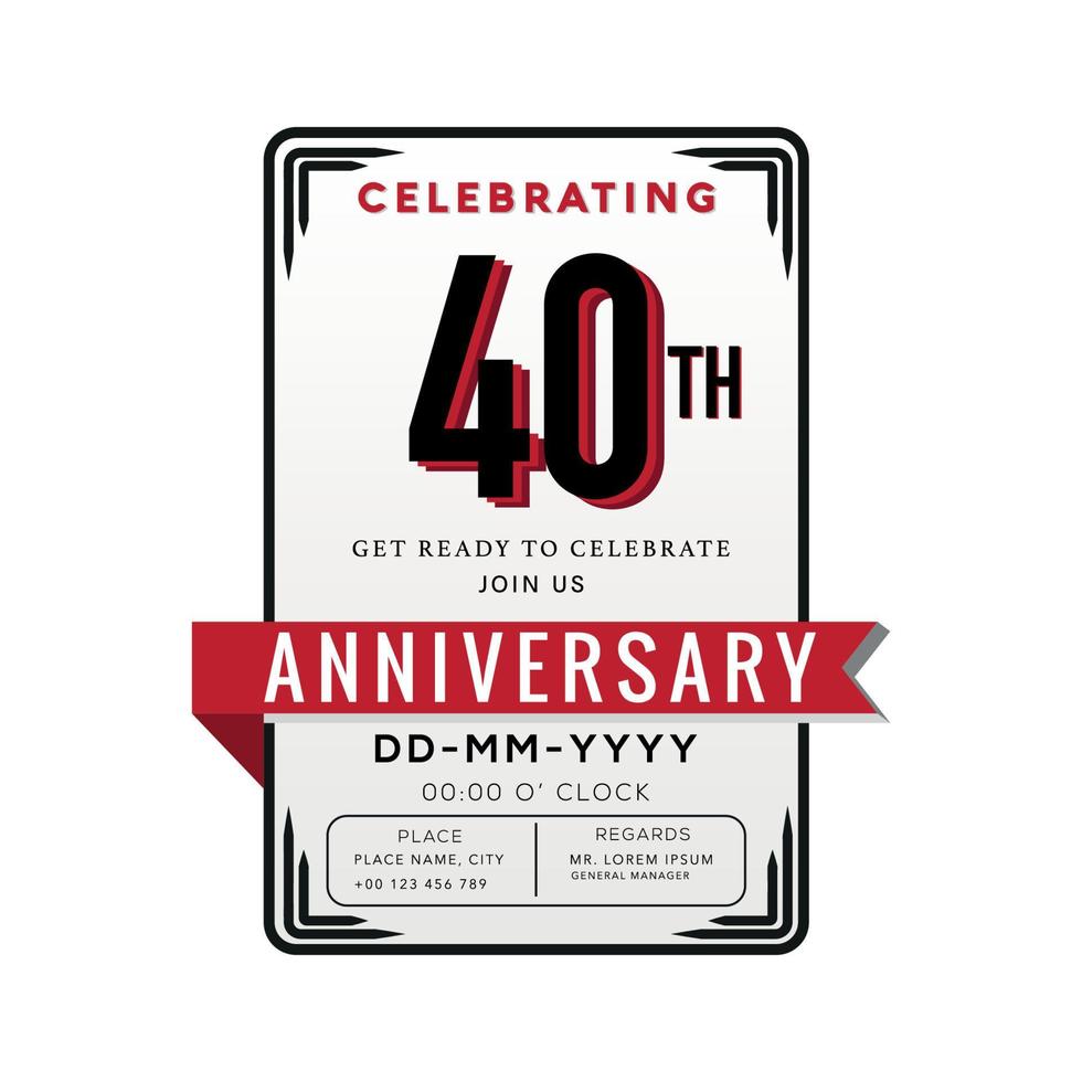 40 år årsdag logotyp firande och inbjudan kort med röd band isolerat på vit bakgrund vektor