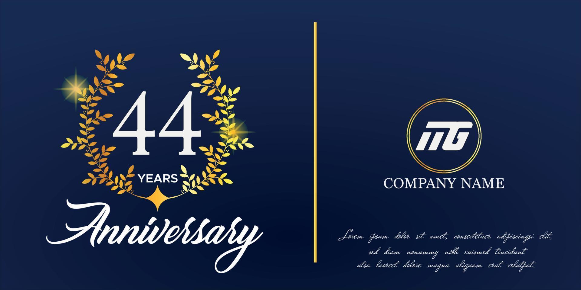 44: e årsdag logotyp med elegant prydnad monogram och logotyp namn mall på elegant blå bakgrund, gnistra, vektor design för hälsning kort.