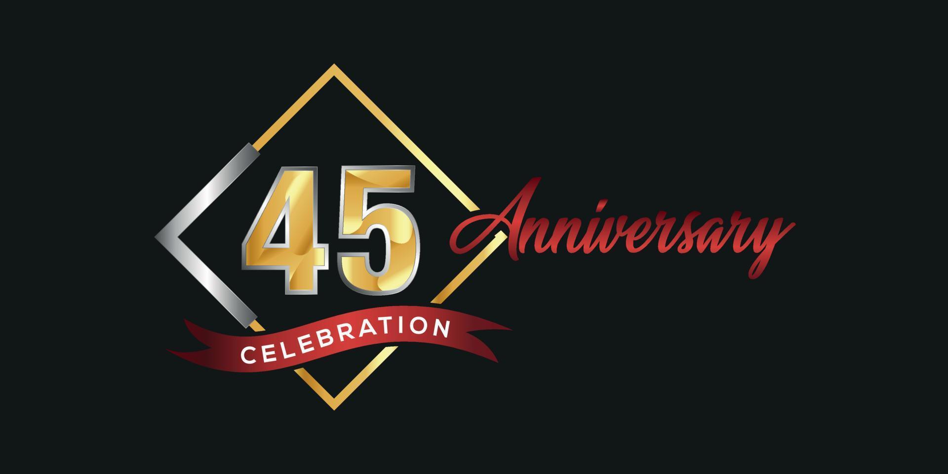45:e årsdag logotyp med gyllene och silver- låda, konfetti och röd band isolerat på elegant svart bakgrund, vektor design för hälsning kort och inbjudan kort