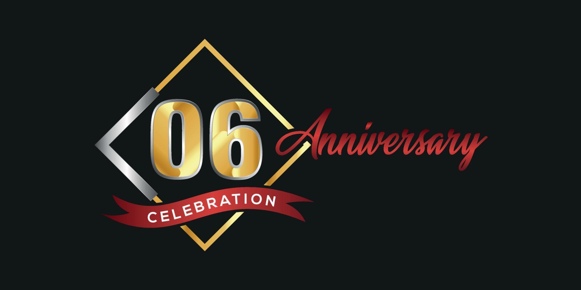 06-jähriges Jubiläumslogo mit goldener und silberner Box, Konfetti und rotem Band isoliert auf elegantem schwarzem Hintergrund, Vektordesign für Grußkarten und Einladungskarten vektor
