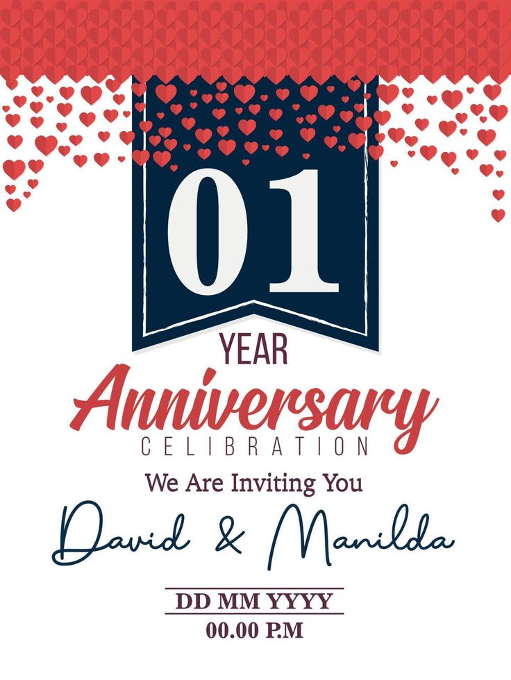 01 Jahre Jubiläumslogofeier mit Liebe zu Feierlichkeiten, Geburtstagen, Hochzeiten, Grußkarten und Einladungen vektor