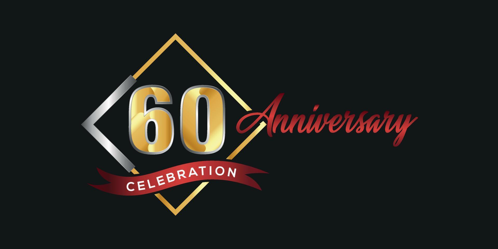 60-jähriges Jubiläumslogo mit goldener und silberner Schachtel, Konfetti und rotem Band isoliert auf elegantem schwarzem Hintergrund, Vektordesign für Grußkarten und Einladungskarten vektor