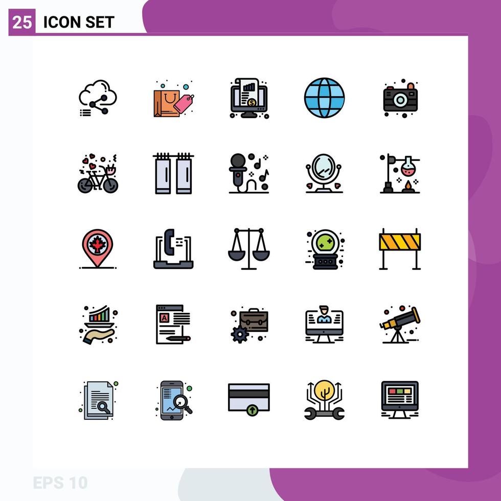Gruppe von 25 modernen gefüllten flachen Farben, die für editierbare Vektordesign-Elemente des Kamera-Globus-Verkaufs-Weltdiagramms festgelegt werden vektor
