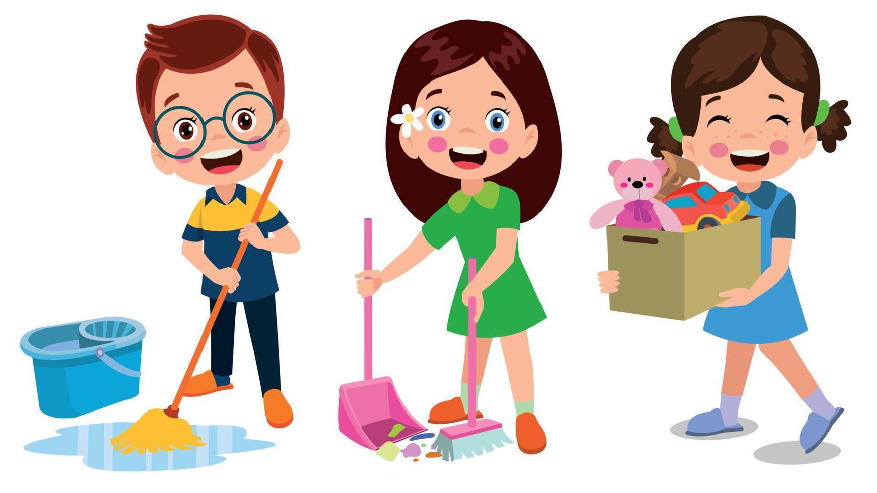 Vektor-Cartoon-Kinder, die zu Hause putzen, setzen Kinder in verschiedene Reinigungspositionen vektor