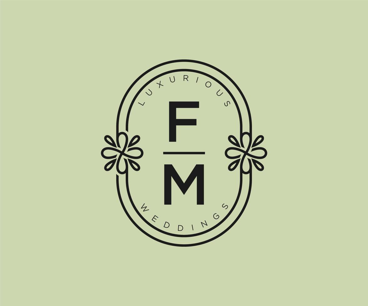 fm brief hochzeitsmonogramm logos vorlage, handgezeichnete moderne minimalistische und florale vorlagen für einladungskarten, datum speichern, elegante identität. vektor