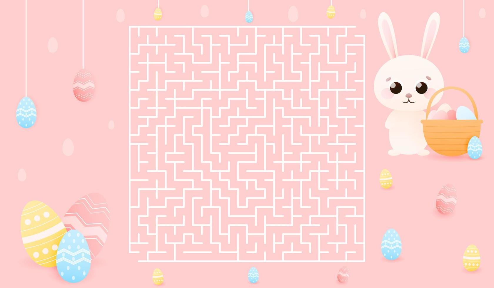 lätt labyrint för ungar, hjälp påsk kanin hitta sätt till målad ägg, pedagogisk gåta för barns böcker eller kalkylblad i skola, söt djur- karaktär på rosa bakgrund, vår högtider tema vektor
