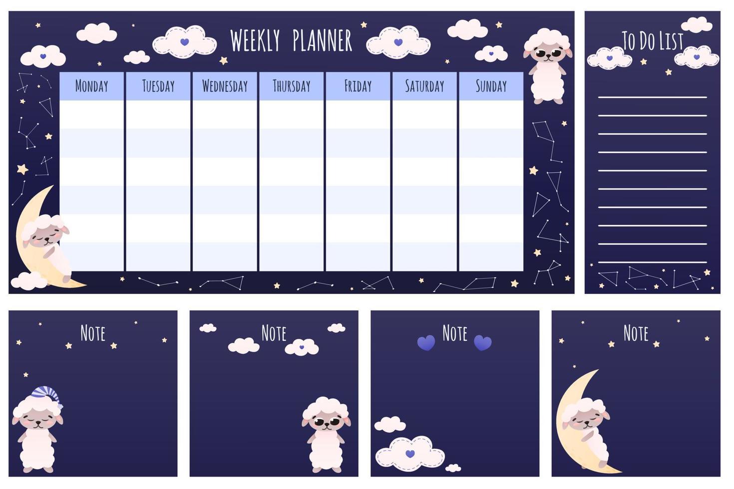 uppsättning av anteckningar och planerare för barn med tecknad serie stil djur- karaktär - får sovande på måne, stjärnor och moln runt om vektor