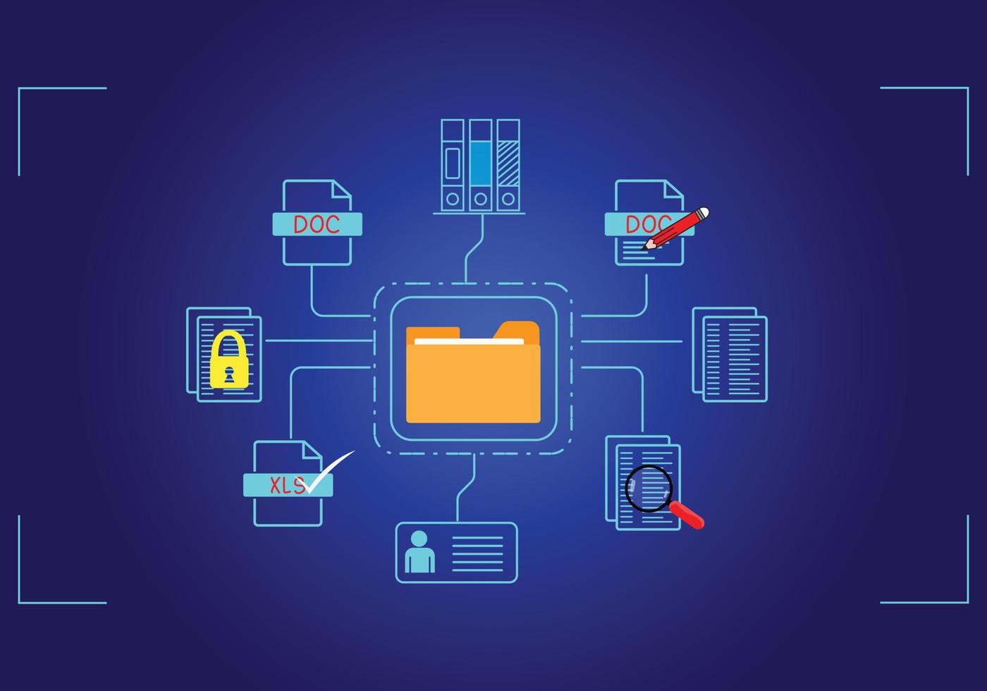 Konzept Dokumentenmanagement Online-Dokumentendatenbank und digitale Dateispeichersysteme oder Software zur Aufzeichnung von Aufzeichnungen Datenbanktechnologie Dateizugriff Dokumentenfreigabe vektor