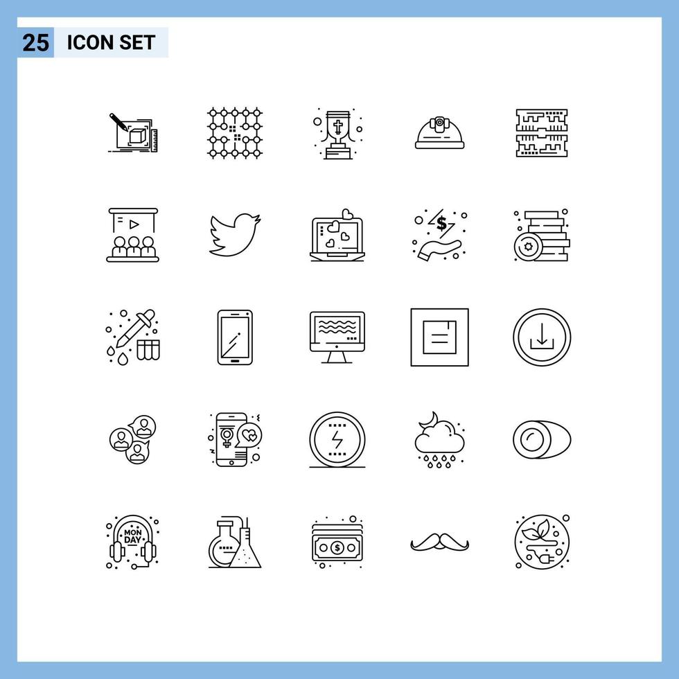 Mobile Interface Line Set aus 25 Piktogrammen von Bauingenieur-Gitterhelm-Belohnungselementen für editierbare Vektordesigns vektor