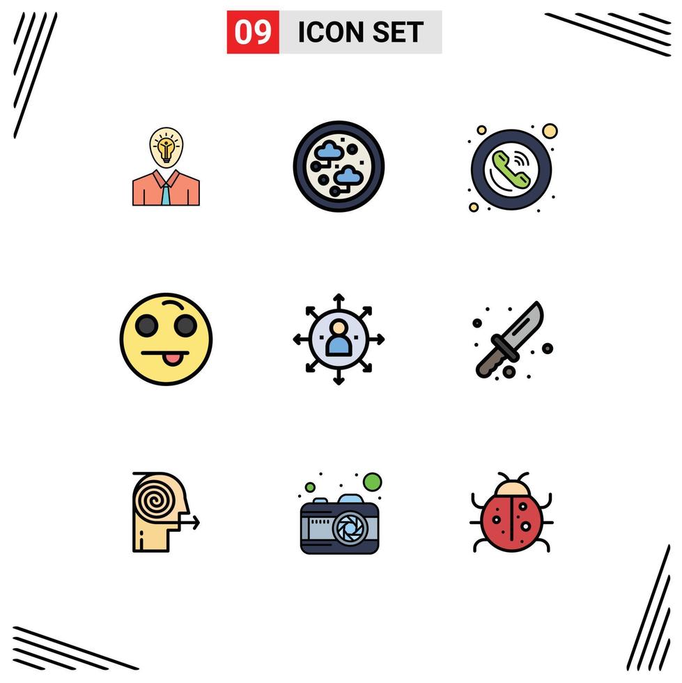 9 gefülltes flaches Farbkonzept für mobile Websites und Apps Fähigkeiten Emot-Technologie Emojis Zeichen editierbare Vektordesign-Elemente vektor