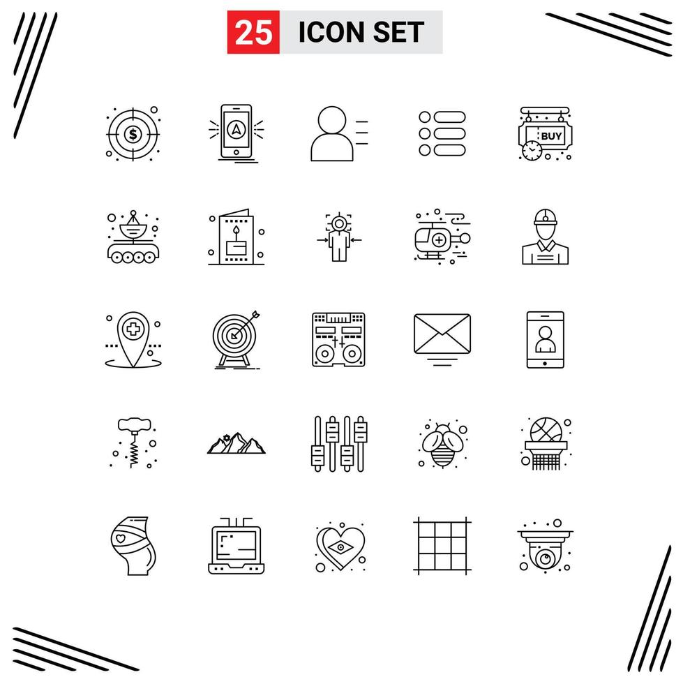 25 Zeilenpaket für Benutzeroberflächen mit modernen Zeichen und Symbolen für bearbeitbare Vektordesign-Elemente für die Textliste des Kauf-Schreibstandorts vektor