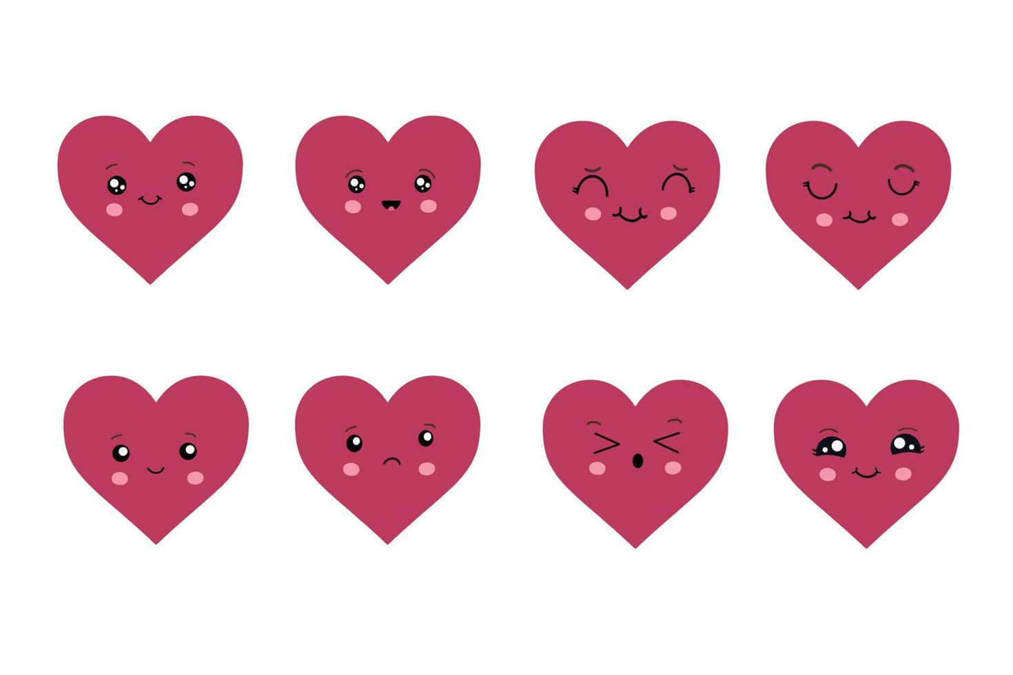 söt hjärtan, en uppsättning av söt emoji ikoner. ritad för hand emotionell tecknad serie tecken. söt kärlek tecken med annorlunda ansikten, rolig positiv känslor vektor