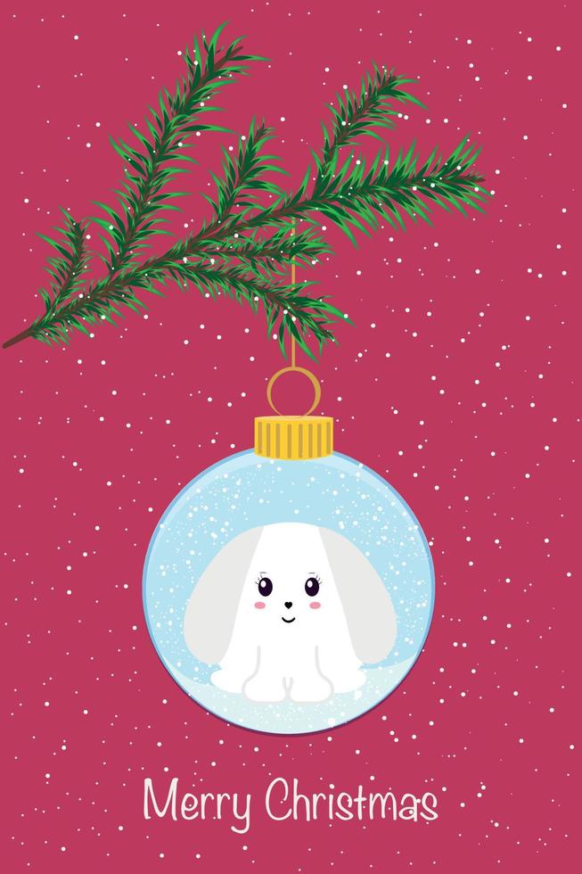 skön jul kort. en jul träd leksak med en kanin, de symbol av 2023, hänger på en gren vektor