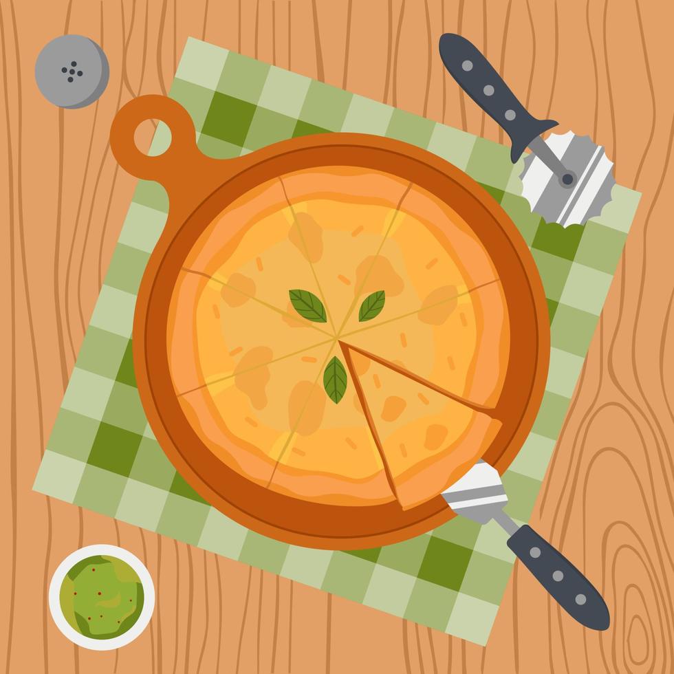 topp se av hemlagad pizza 4 ost med kniv. matlagning, äta vektor illustration i platt stil