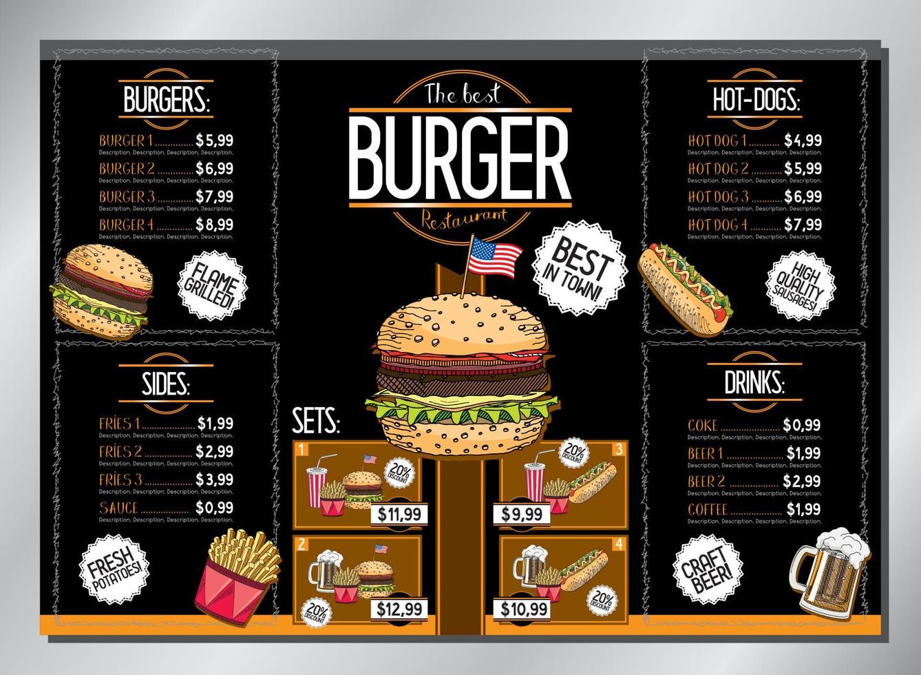 burger bar tabell meny mall vektor