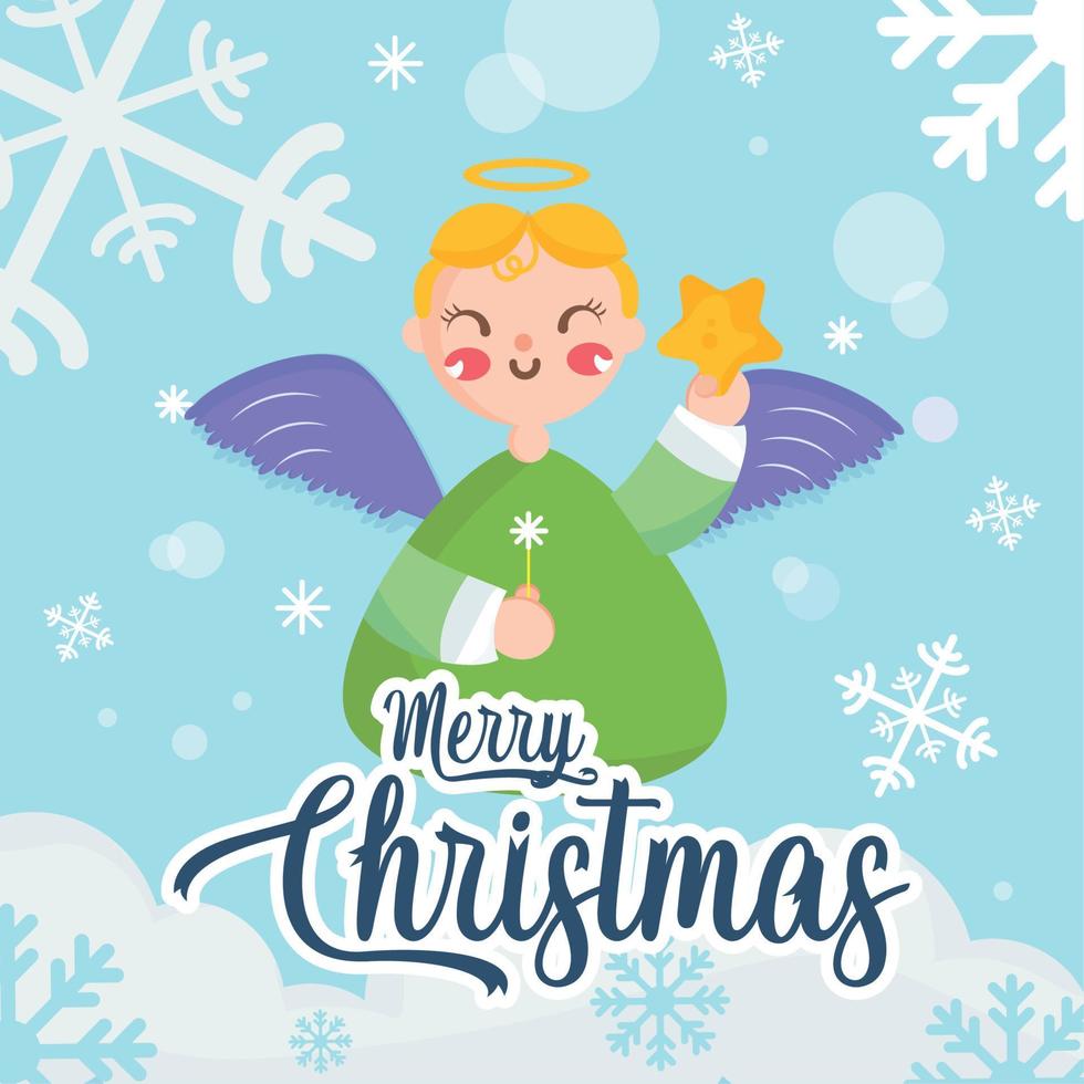 frohe weihnachtskarte glücklicher engel, der eine sternvektorillustration hält vektor