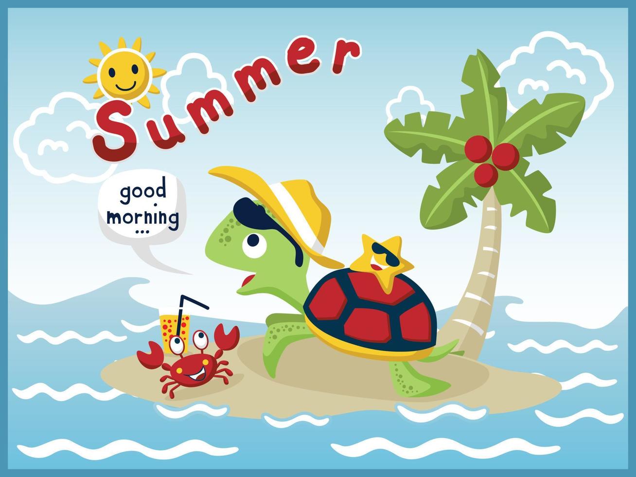 karikaturvektor der lustigen schildkröte mit krabben und seesternen auf der kleinen insel, sommerferienelemente vektor